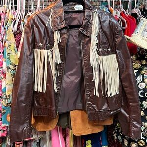Argentina made leather brown western jacket with stars and fringe